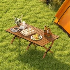Costway Folding Aluminum Camping Table With Carry Bag Roll-Up Picnic Table With Wood Grain