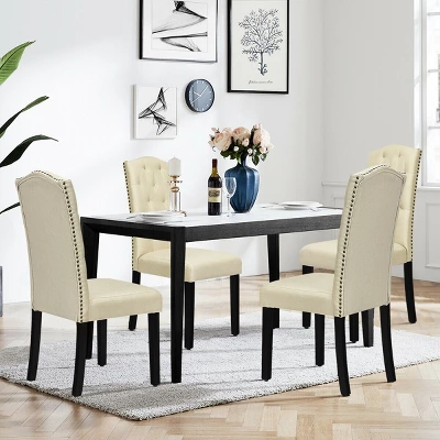 Costway Set Of 4 Tufted Dining Chair Upholstered W/ Nailhead Trim & Rubber Wooden Legs 5 Costway Set Of 4 Tufted Dining Chair Upholstered W/ Nailhead Trim & Rubber Wooden Legs - Image 3