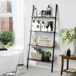 Costway Industrial Ladder Shelf 4-Tier Leaning Wall Bookcase Plant Stand Rustic Black/Brown -Costway GUEST 75483a16 85d2 4681 9772 94e4dd13c3af
