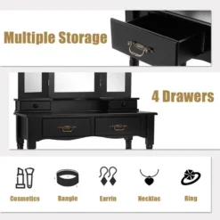 Costway Black Tri Folding Mirror Vanity Makeup Table Stool 4 Drawers -Costway GUEST 75f802c7 7c5c 478b a3e3 cad832913887