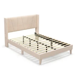 Costway Full/Queen Size Upholstered Bed Frame With Elastic Pockets Mattress Foundation Beige -Costway GUEST 763bea4c fe84 4db0 93be daede766dbde