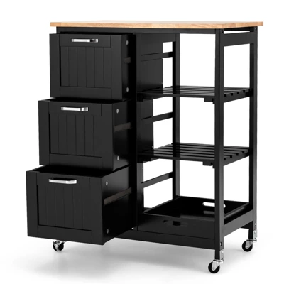 Costway Rolling Kitchen Island Utility Storage Cart W/ 3 Storage Drawers & Shelves White/Black 11 Costway Rolling Kitchen Island Utility Storage Cart W/ 3 Storage Drawers & Shelves White/Black - Image 9