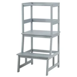Costway Kids Kitchen Step Stool Wooden Toddler Stand Helper W/ Safety Rail GrayBrown -Costway GUEST 7705474e c055 4c4c bafe abb0eb5a84db