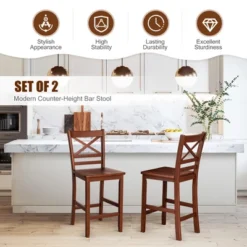 Costway Set Of 2 Bar Stools 24'' Counter Height Chairs W/ Rubber Wood Legs Walnut -Costway GUEST 77145f18 e505 449f 906b 28823086fb43