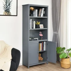 Costway Bookcase Shelving Storage Wooden Cabinet Unit Standing Bookcase W/Doors Gray -Costway GUEST 772bcee4 9f97 4a93 a28f 9b6e4e078452