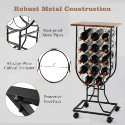 Costway 14 Bottles Wine Rack Console Table Freestanding Wine Storage With Woodtop & Wheels -Costway GUEST 777c787c 7df5 4f32 812c 6452c0f6e142
