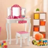 Costway Kid Vanity Set Wooden Makeup Table Stool Tri-Folding Mirror Polka Dot Print Pink -Costway GUEST 7966f321 dec8 4fae b522 214260f1d991