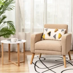 Costway Modern Accent Chair Upholstered Linen Armchair W/Rubber Wood Legs YellowBeigeGreyNavy