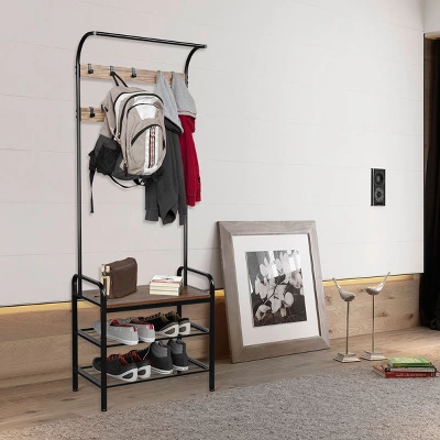 Costway Industrial Coat Rack Shoe Bench Hall Tree Entryway Storage Shelf With 9 Hooks 3 Costway Industrial Coat Rack Shoe Bench Hall Tree Entryway Storage Shelf With 9 Hooks - Image 2