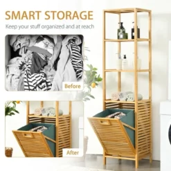 Costway Bathroom Tilt-out Laundry Hamper Bamboo Tower Hamper W/3-Tier Shelves -Costway GUEST 7cfc9267 44b6 4e1b b634 95b54571fe75