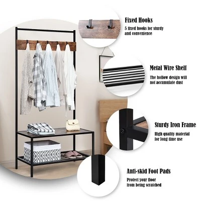 COSTWAY 3 In 1 Industrial Coat Rack Shoe Bench Entryway Hall Tree Storage Shelf W/ Hooks 10 COSTWAY 3 In 1 Industrial Coat Rack Shoe Bench Entryway Hall Tree Storage Shelf W/ Hooks - Image 8