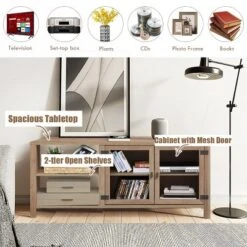 TV Stand Entertainment Center For TV's Up To 65''w/ 2 Metal Mesh Doors Natural -Costway GUEST 806775ce bb8c 4d02 9993 cc6e765423ad