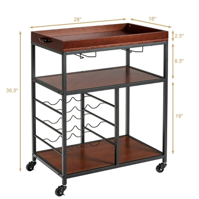 Costway 3 Tier Kitchen Trolley Utility Cart W/Wine Rack & Glass Holder 5 Costway 3 Tier Kitchen Trolley Utility Cart W/Wine Rack & Glass Holder - Image 3