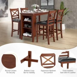Costway 5PCS Pub Dining Table Set W/ Storage Shelves&4 Upholstered Chairs Walnut -Costway GUEST 82f9d106 fe4d 49c8 911c 308dfaf36b4f