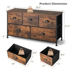 Costway 5-Drawer Dresser Fabric Storage Tower W/wooden Top Chest Organizer Rustic Brown -Costway GUEST 838677bb d232 4ed2 97be 3e0d6edd2b19