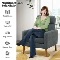 Costway Accent Arm Chair Modern Lint Fabric Sofa Chair W/Solid Wood Legs For Living Room -Costway GUEST 83fca908 0389 4459 b187 d92fafd329ac