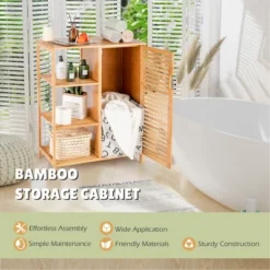 Costway Bathroom Cabinet Bamboo Storage Floor Cabinet W/ Single Door & 3 Open Shelves -Costway GUEST 841132d0 c27d 4600 853d 76fbf86f3f88