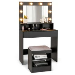 Costway Vanity Table Set With Lighted Mirror 8 LED Bulbs Large Drawer Cushion Stool 18 Costway Vanity Table Set With Lighted Mirror 8 LED Bulbs Large Drawer Cushion Stool -Costway GUEST 84cb06d4 aa84 40d1 a200 b047208e469d