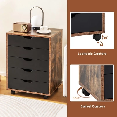 Costway 5 Drawer Chest Storage Dresser Floor Cabinet Organizer With Wheels Rustic Brown 9 Costway 5 Drawer Chest Storage Dresser Floor Cabinet Organizer With Wheels Rustic Brown - Image 7