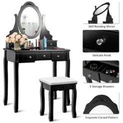 Costway Vanity Jewelry Wooden Makeup Dressing Table Set W/Stool Mirror & 5 Drawers Black -Costway GUEST 861f2994 2d03 49e1 8873 9b49630ba6b1