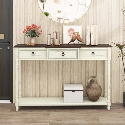 Costway Farmhouse Console Table Entryway Sideboard With 3 Drawers & Open Storage Shelf 4 Costway Farmhouse Console Table Entryway Sideboard With 3 Drawers & Open Storage Shelf - Image 2