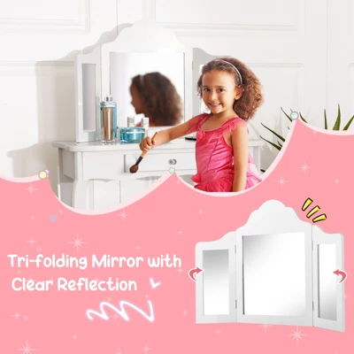 Costway Kid Vanity Table Set With Tri-folding Mirror 2-in-1 Makeup Dressing Table Stool Set 9 Costway Kid Vanity Table Set With Tri-folding Mirror 2-in-1 Makeup Dressing Table Stool Set - Image 7