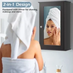 Costway Bathroom Wall Cabinet Single Mirror Door Cupboard Storage Medicine Cabinet Wood Shelf GreyBrown -Costway GUEST 86688444 2c68 430c 936e eb9b2c73839d