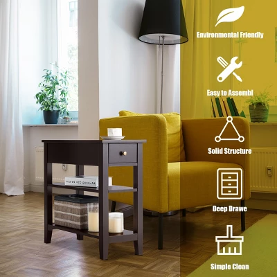 Costway 3Tier Nightstand Bedside Table Sofa Side End Table W/Double Shelves Drawer Brown 7 Costway 3Tier Nightstand Bedside Table Sofa Side End Table W/Double Shelves Drawer Brown - Image 5