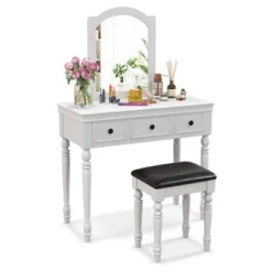 Costway Vanity Table Set Makeup Desk Cushioned Stool 3 Drawer Large Mirror White/Walnut -Costway GUEST 8821c51e e8e4 420a 9c14 c4e33c188562