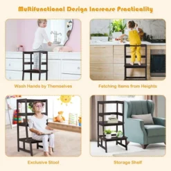 Costway Kids Kitchen Step Stool Wooden Toddler Stand Helper W/ Safety Rail GrayBrown -Costway GUEST 88e89a9a 3bad 460b 9234 9c4fb5323235