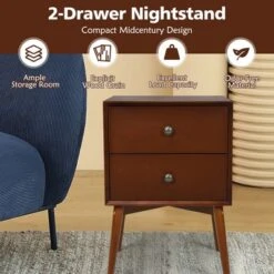 Costway 2PCS Nightstand Mid-Century End Side Table 2 Drawer Rubber Wood Legs Living Room -Costway GUEST 89b427d9 cf01 43bf 99ba 90f39a372b85