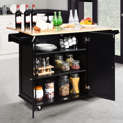 Costway Drop-Leaf Kitchen Island Trolley Cart Wood Storage Cabinet W/ Spice Rack Black 4 Costway Drop-Leaf Kitchen Island Trolley Cart Wood Storage Cabinet W/ Spice Rack Black - Image 2