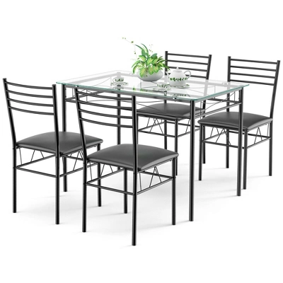 Costway 5 Piece Dining Set Glass Top Table & 4 Upholstered Chairs Kitchen Room Furniture 3 Costway 5 Piece Dining Set Glass Top Table & 4 Upholstered Chairs Kitchen Room Furniture