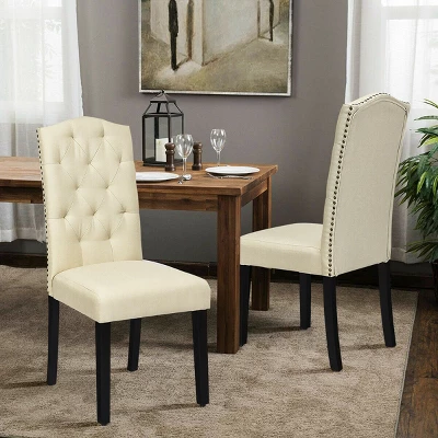 Costway Set Of 4 Tufted Dining Chair Upholstered W/ Nailhead Trim & Rubber Wooden Legs 4 Costway Set Of 4 Tufted Dining Chair Upholstered W/ Nailhead Trim & Rubber Wooden Legs - Image 2