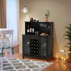 Costway 2-Door Buffet Bar Cabinet Kitchen Storage Sideboard Wine Rack Glass Holder GreyBlack