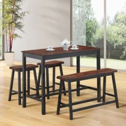 Costway 4 Pcs Solid Wood Counter Height Table Set W/ Height Bench & Two Saddle Stools Brown -Costway GUEST 8baa4e6a 93d8 4ea1 8c86 5f51f5e670a9