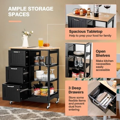 Costway Rolling Kitchen Island Utility Storage Cart W/ 3 Storage Drawers & Shelves White/Black 6 Costway Rolling Kitchen Island Utility Storage Cart W/ 3 Storage Drawers & Shelves White/Black - Image 4