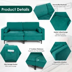 Costway Modern Loveseat 2-Seat Sofa Couch W/ 2 Bolsters Side Storage Pocket Teal -Costway GUEST 8ccec72d e2be 4191 8aab 6b6bee4e95fa