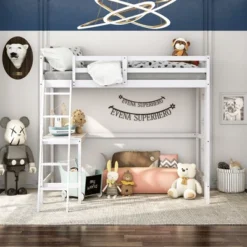 Costway Twin Loft Bed Frame W/Desk Angled And Built-in Ladder Solid Wooden Frame WhiteGreyExpresso