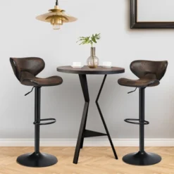 Costway Set Of 2 Adjustable Bar Stools Swivel Bar Chairs Pub Kitchen Brown