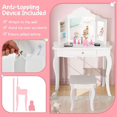 Costway Kid Vanity Table Set With Tri-folding Mirror 2-in-1 Makeup Dressing Table Stool Set 10 Costway Kid Vanity Table Set With Tri-folding Mirror 2-in-1 Makeup Dressing Table Stool Set - Image 8
