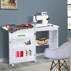 Costway White Folding Sewing Craft Table With Storage Shelves Cabinet Lockable Wheels -Costway GUEST 8fca155d 9061 41af b103 875bbaf5584d
