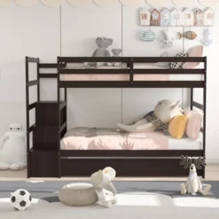 Costway Twin Over Twin Bunk Bed With Trundle Stairway And Storage Shelf Drawer WhiteEspressoGrey -Costway GUEST 9049929e 30dd 46c6 98ea e8ec6ac3c5d9