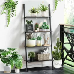 Costway Industrial Ladder Shelf 4-Tier Leaning Wall Bookcase Plant Stand Rustic Black/Brown -Costway GUEST 919e8f29 b6e7 4705 a75d d8c64141ef14