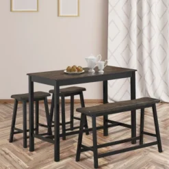 Costway 4 Pcs Solid Wood Counter Height Table Set W/ Height Bench & Two Saddle Stools -Costway GUEST 92de14f1 d510 41c2 b326 a54b18b1fac8