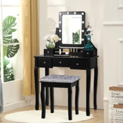 Costway Vanity Dressing Table Set W/ 10 Dimmable Bulbs Touch Switch Cushion Stool WhiteBlackBrown