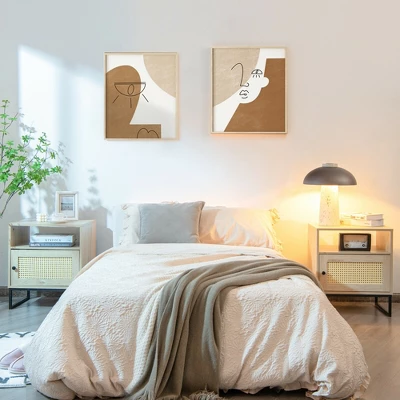 Costway 2PCS Nightstand W/ Cabinet Wooden Side End Table Rattan Decorated Door Oak 4 Costway 2PCS Nightstand W/ Cabinet Wooden Side End Table Rattan Decorated Door Oak - Image 2