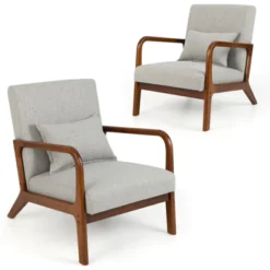 Costway Set Of 2 Accent Chairs Leisure Armchair With Rubber Wood Frame&Lumbar Pillow Gray/Beige -Costway GUEST 9333bd3d 592f 4aad a534 b4643f92b412