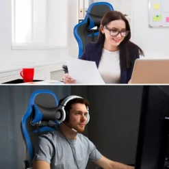 Costway Gaming Desk&Massage Gaming Chair Set W/ Footrest Monitor Shelf Power Strip Blue -Costway GUEST 945feb12 de13 44cd 8203 632afe20b4cf