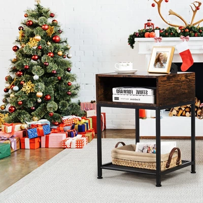 Costway Industrial Nightstand End Side Table W/ Compartment & Mesh Shelf Rustic Brown 6 Costway Industrial Nightstand End Side Table W/ Compartment & Mesh Shelf Rustic Brown - Image 4